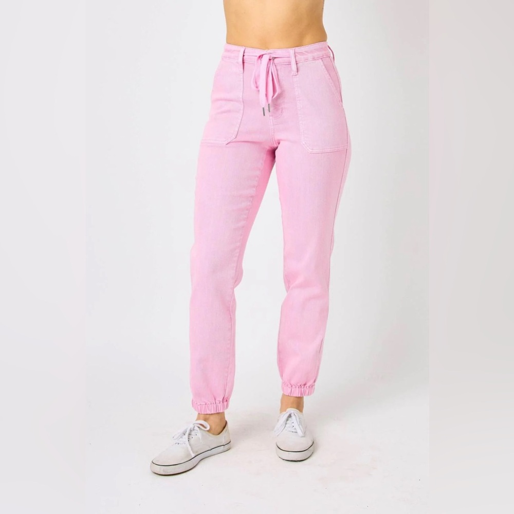 NEW Judy Blue High Waist drawstring tie Garment Pink Jogger jeans plus size 15